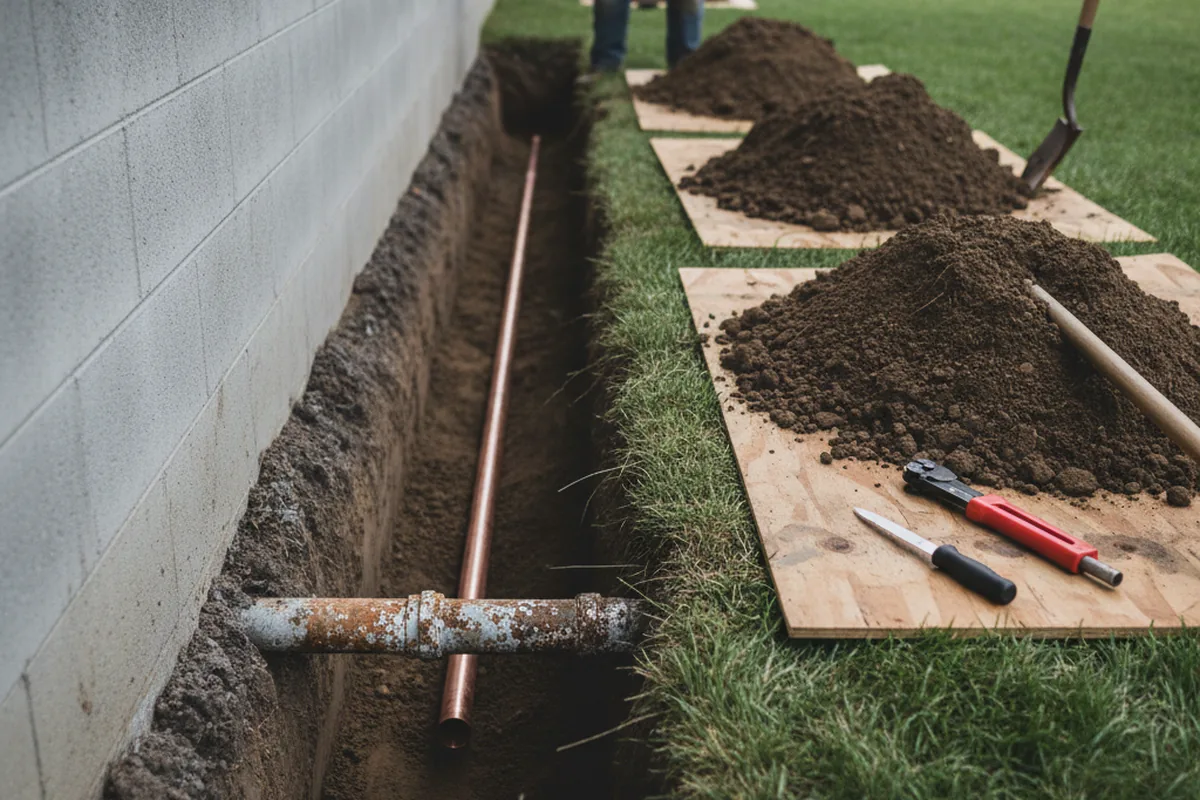 Excavated water line trench during Sewer Line Repair in Waymart